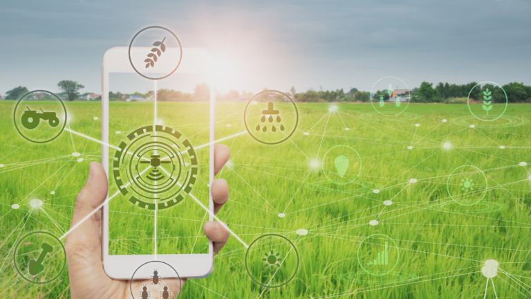 Ręka trzymająca smartfona, wokół niego symbole związane z rolnictwem